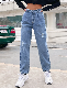  Straight Leg Jeans Lady Jeans with Darts Under Waist on Front High-Waisted with Holes on Knee New Fashion Brand