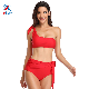  Solid Color Slash Shoulder Two Piece Women High Waist Bandage Swimwear