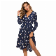 New Arrival Spring V-Neck Collect Waist Long Sleeves Floral Dress