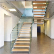 Inside Stair Modern House Residential Steel Stairs/ Floating Straight Staircase with Carbon Steel Stringer and Wood Steps Glass Steps Glass Railing manufacturer